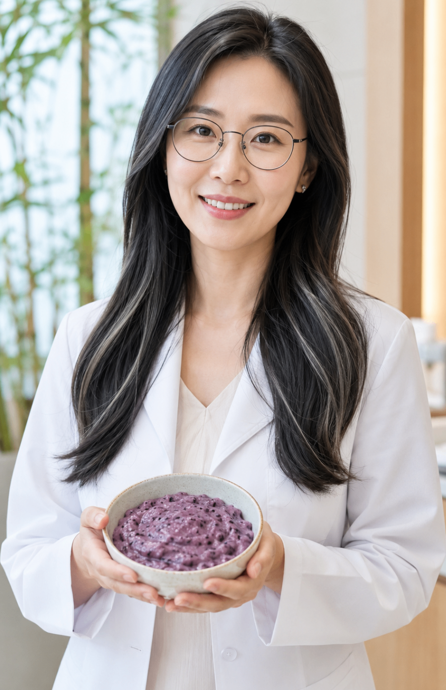 Dra. Sora Han sosteniendo un bowl con pasta de arroz morado